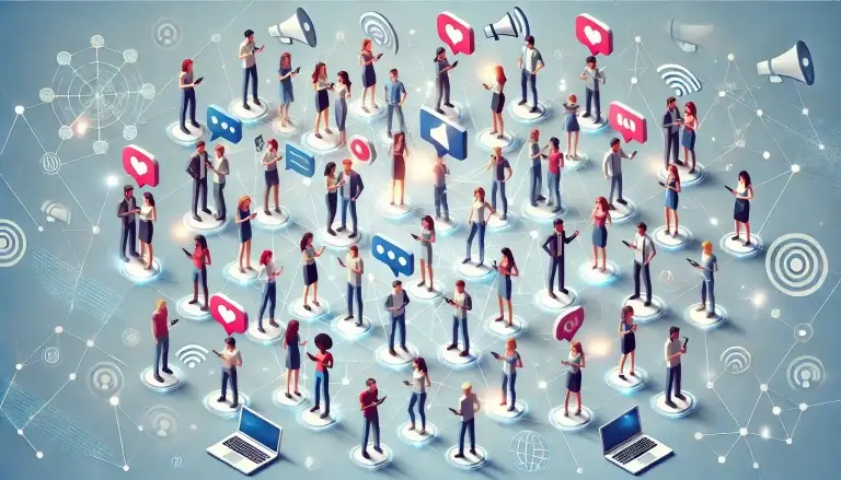 A low poly art image of people connected by digital lines, interacting with smartphones and laptops. Icons like hearts, megaphones, and chat bubbles represent social engagement and viral marketing, set against a light blue geometric background.
