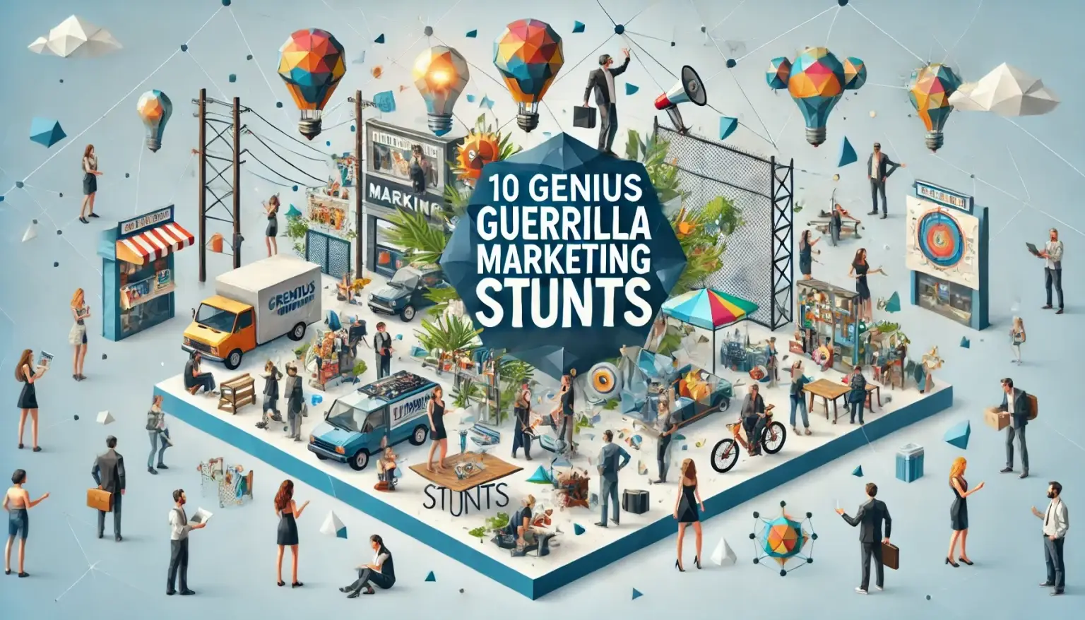 Low poly art representation of guerrilla marketing stunts featuring people interacting with abstract installations, street art, and public activities. The background is light blue with geometric shapes symbolizing creativity and innovation in marketing.