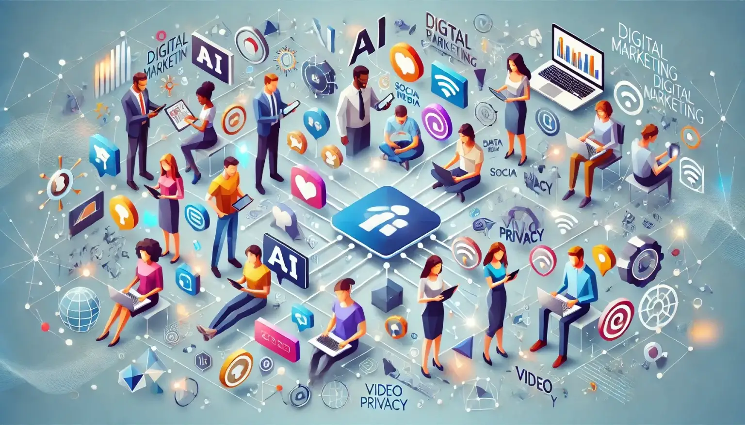 Low poly art of diverse people using smartphones, tablets, and laptops, connected by digital icons representing trends like AI, social media, and data privacy, with a light blue geometric background illustrating the evolution of digital marketing.
