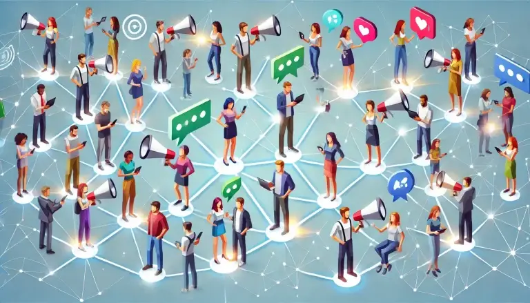 A low poly art image of viral marketing campaigns showing diverse people connected by glowing lines, using smartphones and laptops. Floating icons like hearts, megaphones, and chat bubbles represent social interaction and virality on a light blue background.