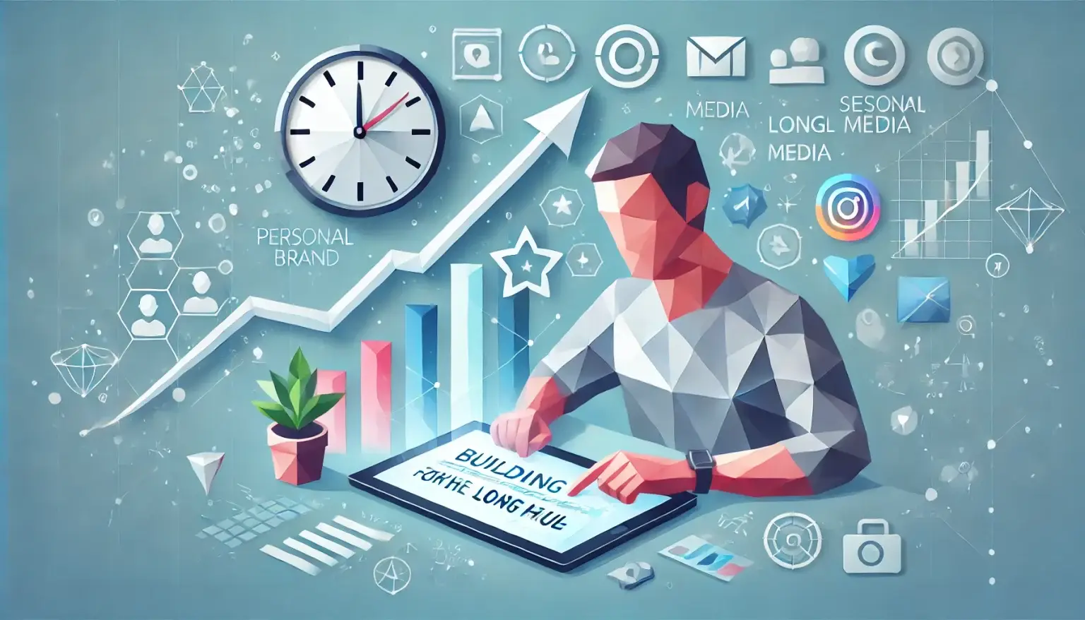 A low poly art image featuring a single person working on a tablet or laptop, with icons such as a clock, upward arrows, and social media symbols. The image represents the long-term effort and consistency required to build a personal brand in the digital age, set against a light blue background with geometric shapes.