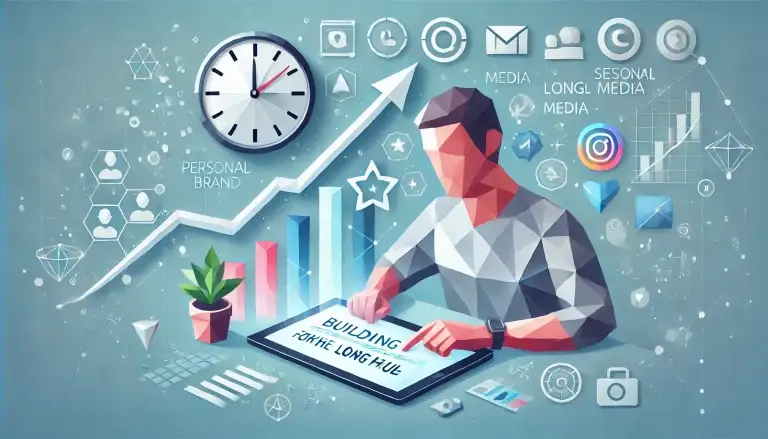 A low poly art image featuring a single person working on a tablet or laptop, with icons such as a clock, upward arrows, and social media symbols. The image represents the long-term effort and consistency required to build a personal brand in the digital age, set against a light blue background with geometric shapes.