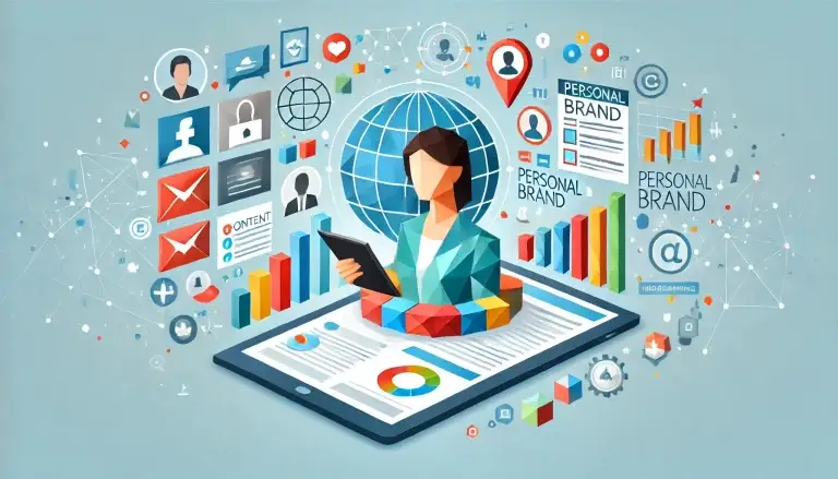 A low poly art image featuring a single person using digital tools such as a tablet or laptop, surrounded by icons representing social media, charts, and a globe, symbolizing the global reach of personal branding. The background is light blue with colorful geometric shapes, highlighting the theme of personal branding in the digital age.