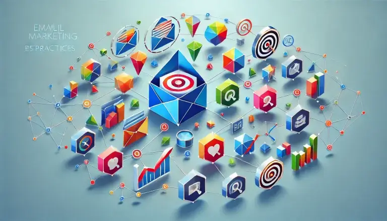 Low poly art featuring geometric shapes representing key components of email marketing, such as personalization, segmentation, and targeting, set against a light blue background.