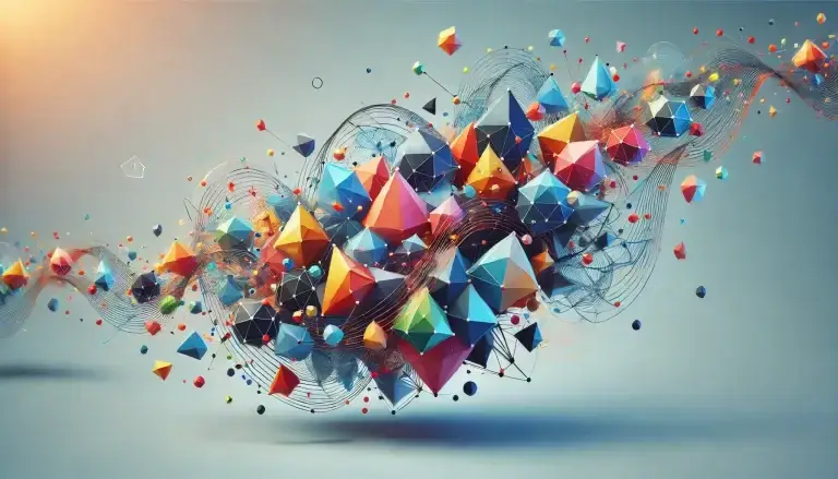 Low poly art with vibrant geometric shapes symbolizing the dynamic nature of branding, representing identity, recognition, and emotional connection, set against a light blue background.