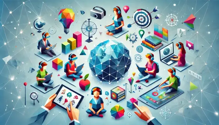 A low poly art image of children using AR and VR devices, engaging with educational games and interactive content on tablets. The light blue background and colorful geometric shapes symbolize the fusion of technology and learning, highlighting the interactive nature of modern education.