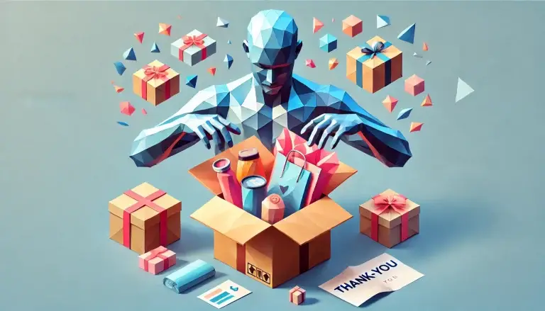 Low poly art of a person unboxing a stylish package, revealing vibrant contents including neatly wrapped items, branded tissue paper, and a thank-you card, on a light blue background.