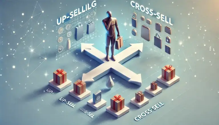 Low poly art image of a person deciding between an upgraded premium product and grouped complementary items, depicting the marketing strategies of up-selling and cross-selling. Light blue background with geometric shapes.