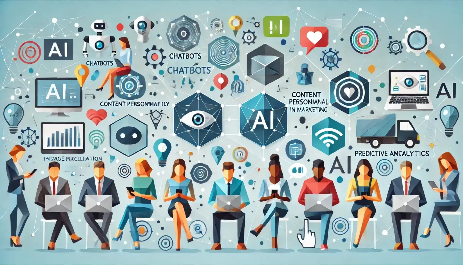 Low poly art image of people using laptops and smartphones with icons symbolizing AI applications like chatbots, predictive analytics, and image recognition, connected by digital lines on a light blue background, representing AI's integration into marketing.