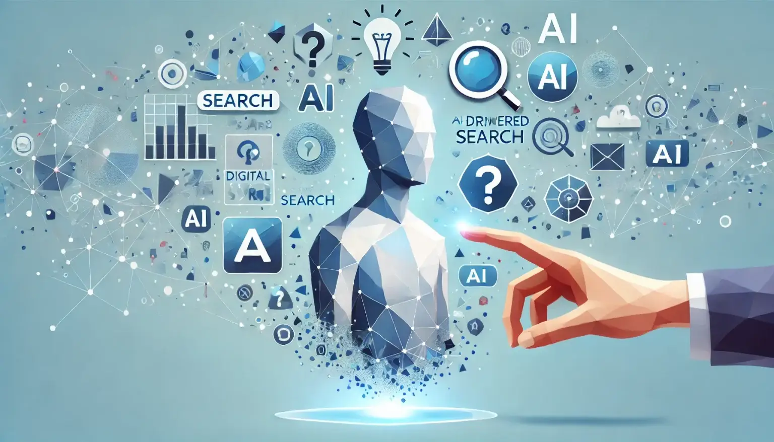 Low poly art image showing a person interacting with AI-related elements such as a magnifying glass, question marks, and a glowing search bar, symbolizing the concept of AI-driven search on a light blue geometric background.