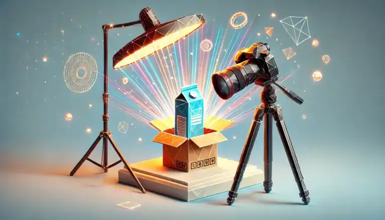 Low poly art image showcasing a product package on a pedestal with professional lighting and a camera, representing the importance of creativity and presentation in packaging photography.