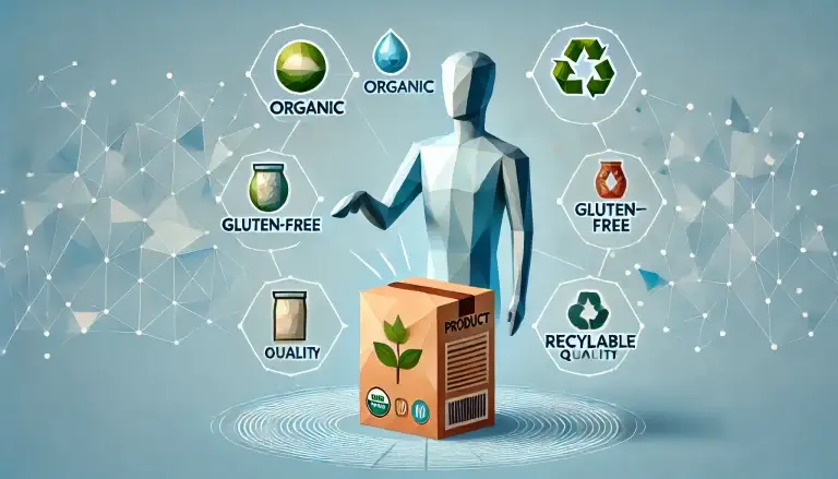 Low poly art depiction of a person highlighting product benefits on packaging, with bold labels and icons representing sustainability, health, and quality, set on a light blue geometric background.