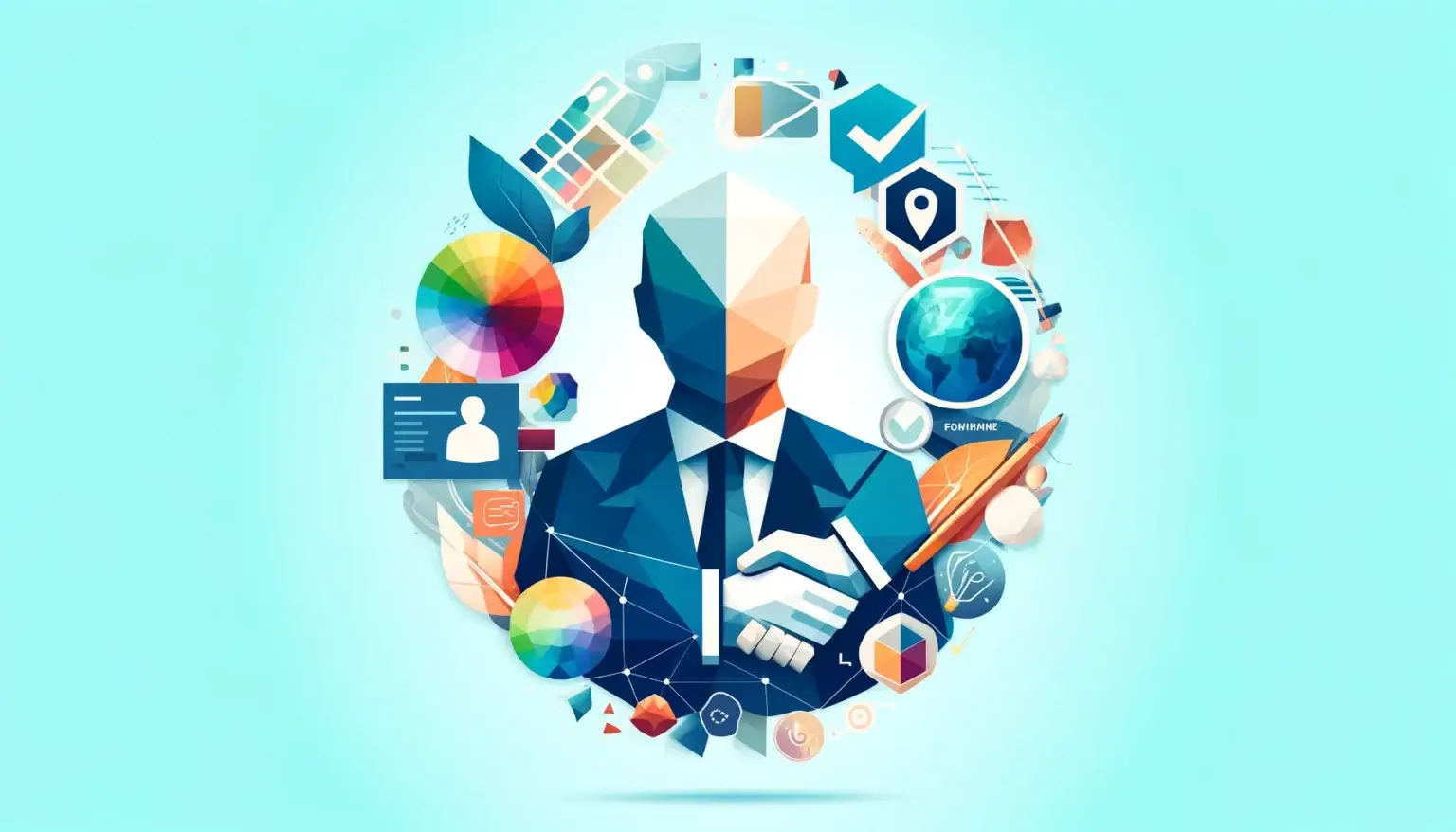 10 Best Strategies for Creating Packaging That Works Low poly art image of a person holding a large logo, surrounded by elements like color palettes, typography samples, and branding icons, symbolizing creativity and cohesion in brand identity.