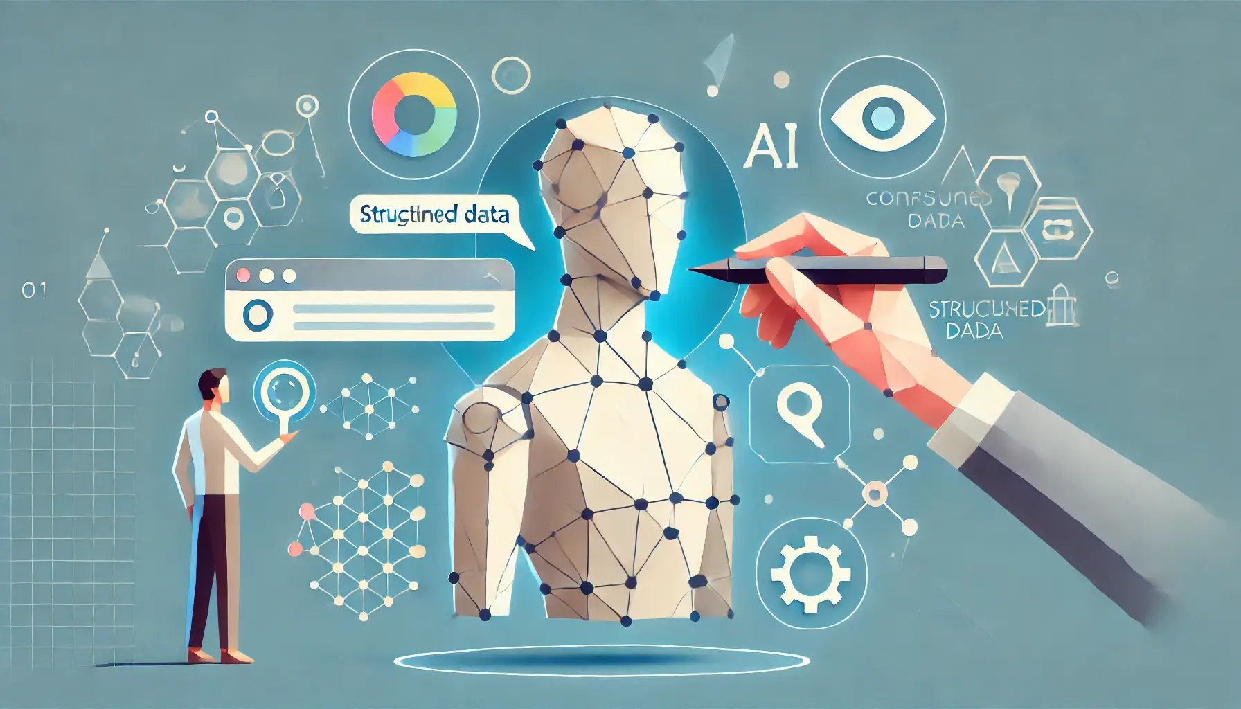 Low poly art depiction of a person engaging with digital tools for AI-powered search optimization, including a glowing text editor, structured data icons, and conversational query elements, set against a light blue background.