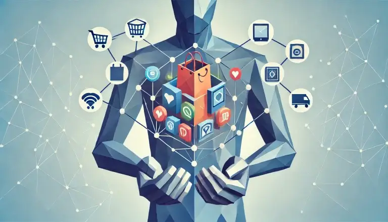 Low poly art image showing a single figure holding bundled items like a shopping bag and digital icons, symbolizing the concept of product bundling and combined value in marketing. Set against a light blue background with geometric elements.