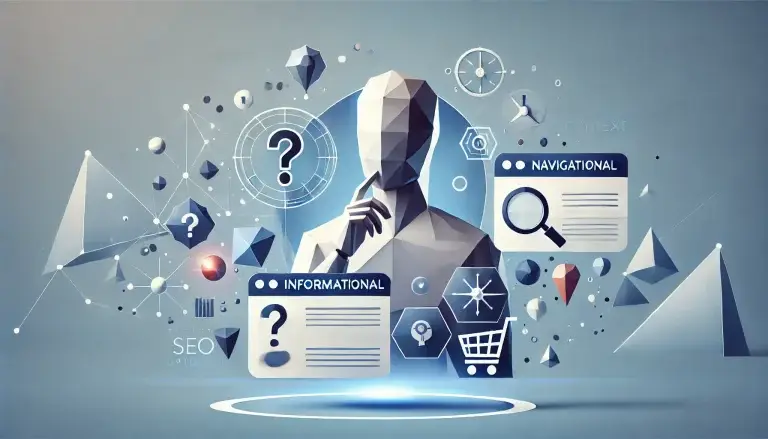 Low poly art depiction of a person analyzing a floating interface with sections labeled 'Informational,' 'Navigational,' and 'Transactional,' symbolizing user intent and context in search optimization on a light blue background.