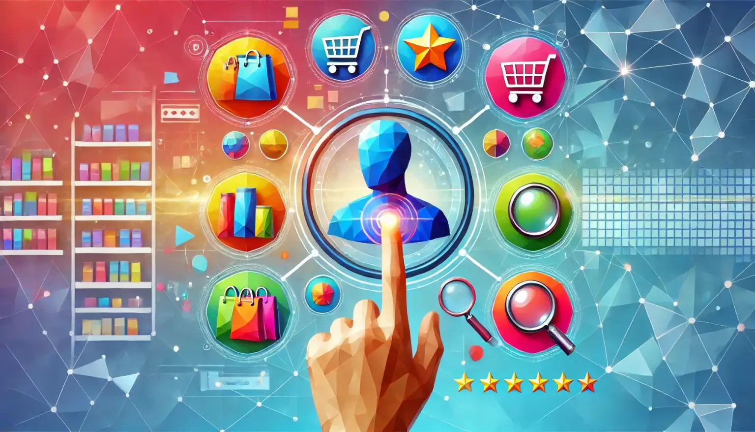 Low poly art depiction of colorful products displayed on a digital shelf with shopping cart and star rating icons, symbolizing strategies for designing digital shelf appeal in e-commerce.