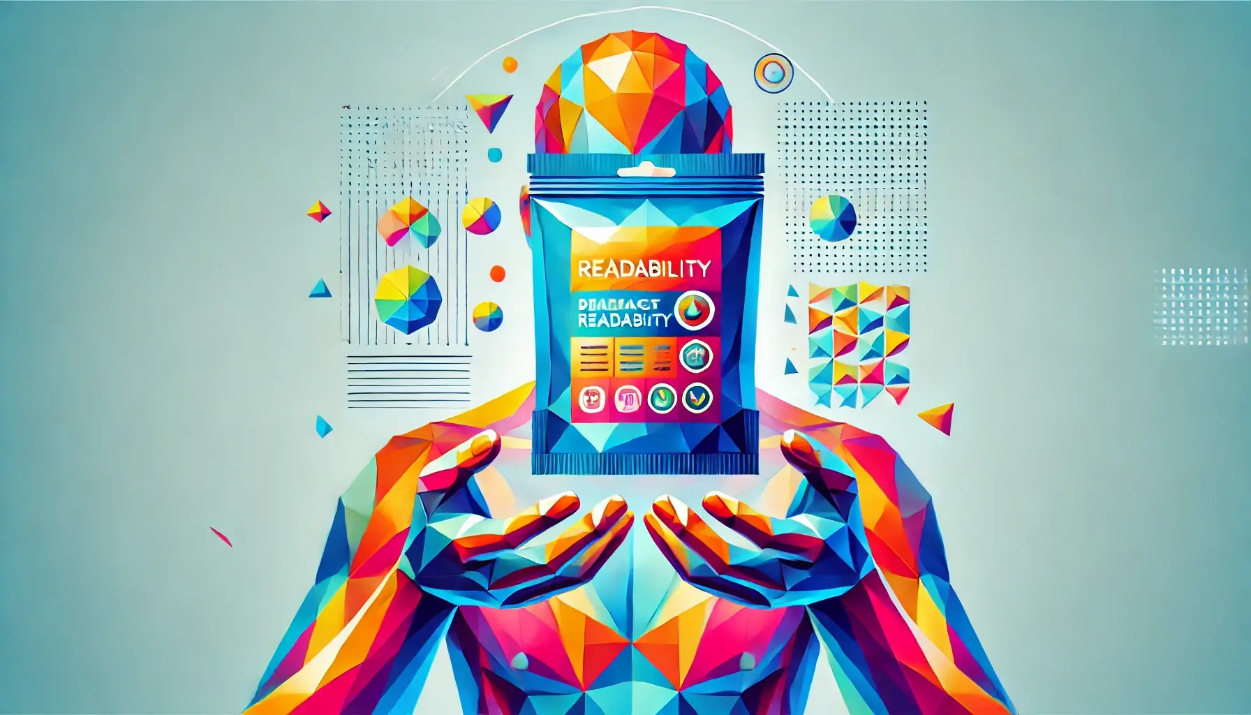 Low poly art representation of a person holding a vibrant product package with clear, bold text and colorful icons, highlighting the importance of readability in packaging design.