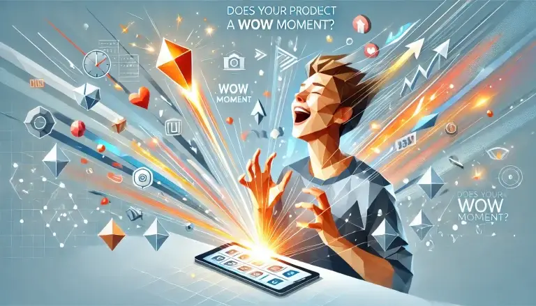 A low poly art image of a person interacting with a futuristic digital product, surrounded by glowing bursts, dynamic motion lines, and upward arrows symbolizing innovation, excitement, and a breakthrough experience. The background is light blue with geometric shapes emphasizing modernity and creativity.
