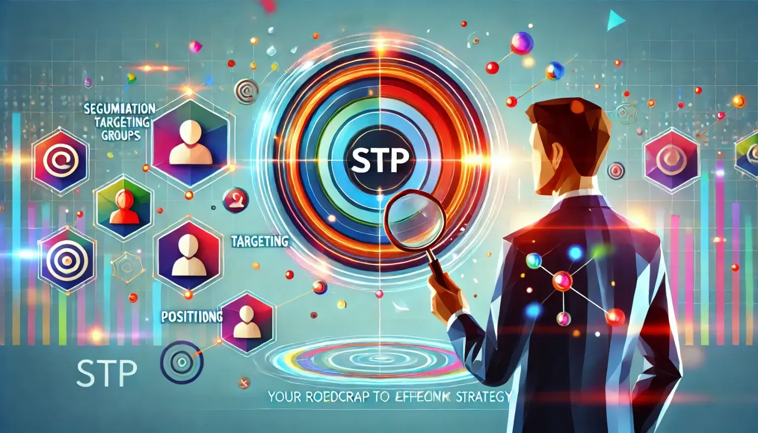 A vibrant low poly art image of a business professional analyzing a futuristic marketing interface, with floating holographic icons representing segmentation (diverse customer groups), targeting (a magnifying glass over a specific audience), and positioning (a brand highlighted with a spotlight). The background is light blue with dynamic multicolored geometric shapes, symbolizing strategic marketing, precision, and audience differentiation.
