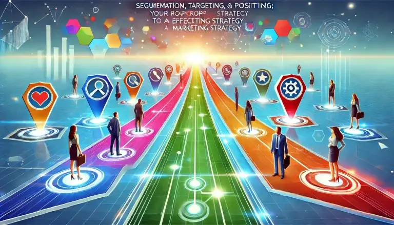A vibrant low poly art image of a futuristic digital roadmap stretching into the distance, guiding business professionals through segmentation, targeting, and positioning. The roadmap has glowing waypoints marked by holographic icons—diverse customer groups for segmentation, a magnifying glass for targeting, and a brand spotlight for positioning. The background is light blue with dynamic multicolored geometric shapes, symbolizing strategic planning, precision marketing, and business growth.