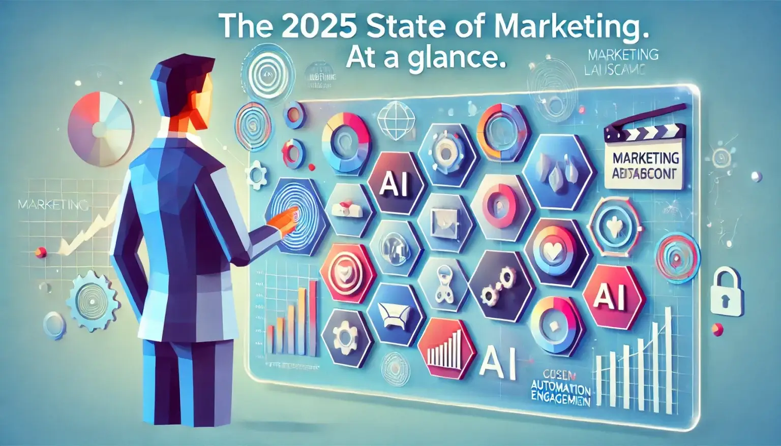 A low poly art image of a futuristic business professional interacting with a simplified digital dashboard displaying key marketing trends, AI, automation, and consumer engagement insights. The background is light blue with a clean, modern aesthetic, representing the evolving marketing landscape in 2025.