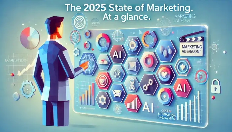A low poly art image of a futuristic business professional interacting with a simplified digital dashboard displaying key marketing trends, AI, automation, and consumer engagement insights. The background is light blue with a clean, modern aesthetic, representing the evolving marketing landscape in 2025.