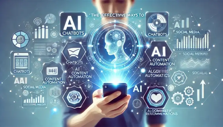 A low poly art image of a person looking at a smartphone, surrounded by AI-driven social media tools such as chatbots, content automation, analytics dashboards, and algorithm recommendations in a holographic style. The background is light blue with geometric shapes, symbolizing AI-driven efficiency and automation in social media marketing.