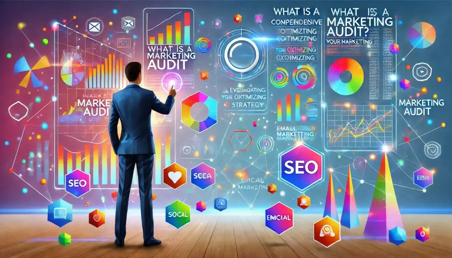A vibrant low poly art image of a business professional reviewing a futuristic digital dashboard filled with colorful marketing analytics, performance metrics, and optimization strategies. Floating holographic icons represent SEO, social media, email marketing, and data analysis, set against a light blue background with dynamic, multicolored geometric shapes symbolizing strategic planning and marketing evaluation.