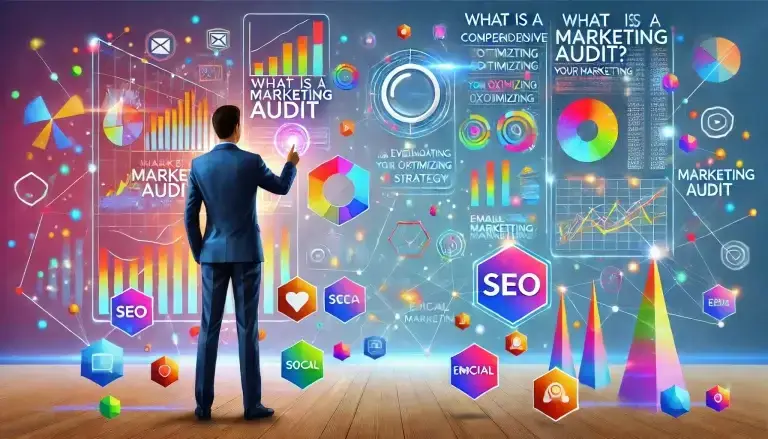 A vibrant low poly art image of a business professional reviewing a futuristic digital dashboard filled with colorful marketing analytics, performance metrics, and optimization strategies. Floating holographic icons represent SEO, social media, email marketing, and data analysis, set against a light blue background with dynamic, multicolored geometric shapes symbolizing strategic planning and marketing evaluation.