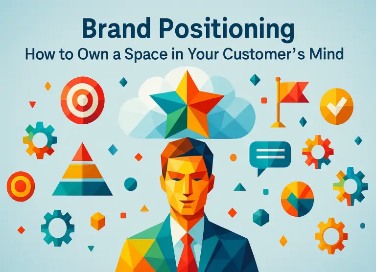 A vibrant low poly art image showing a business professional beneath a multicolored geometric star and cloud, surrounded by abstract marketing symbols like targets, gears, flags, and charts. The light blue background and colorful shapes symbolize brand identity, differentiation, and owning a unique space in the customer's mind.