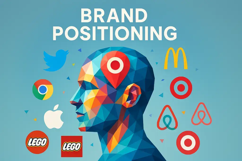 Brand Positioning: How to Own a Space in Your Customer’s Mind. A bold low poly art image of a stylized human head in profile, with a red location pin symbol on the forehead, representing mental brand space. Surrounding the head are iconic logos such as Apple, LEGO, Google Chrome, Twitter, McDonald's, Airbnb, and Target. The background is light blue, emphasizing the concept of brand positioning and memorability.