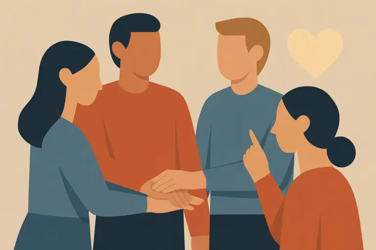 “Flat-style illustration of four people standing together in a warm, minimalist setting. One woman places her hand on top of two joined hands, symbolizing unity and trust, while another woman gestures thoughtfully. Soft beige and muted blue-orange tones create a calm, collaborative mood.”